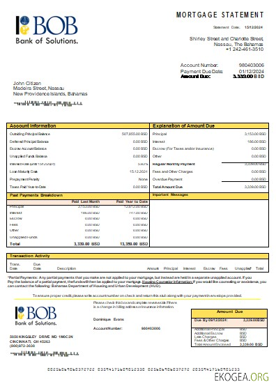 Bahamas Banque des Bahamas relevé de prêt hypothécaire bancaire scr
